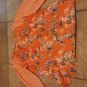 Est. 1946 Boho Peachy-Orange Floral Geo Flowy Tunic Top w/ Cinched 3/4 Sleeves